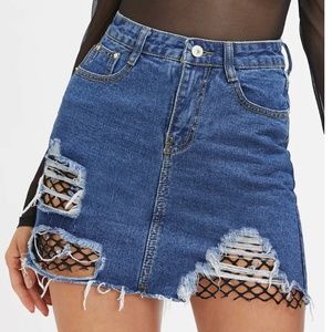 Ripped Fishnet Denim Skirt | Small | High Waisted